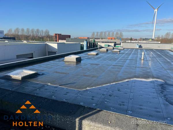 Plat dak bedrijfspand met bitumen dakbedekking en lichtkoepels in Holten