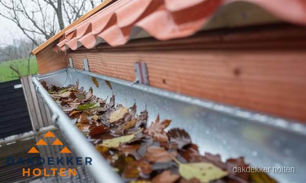 Dakgoot vol bladeren die gereinigd moet worden in Holten